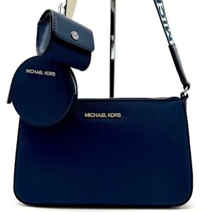 Michael Kors Small Leather Crossbody Bag w Case for Apple Airpods Pro® Navy